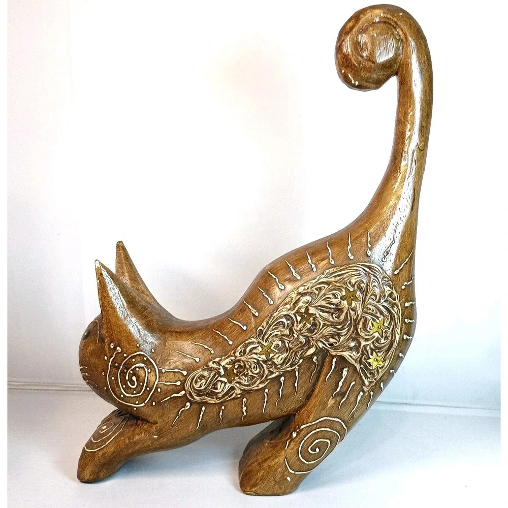Vintage Hand Carved Wood Stretching Cat Feline From Indonesia 10.5